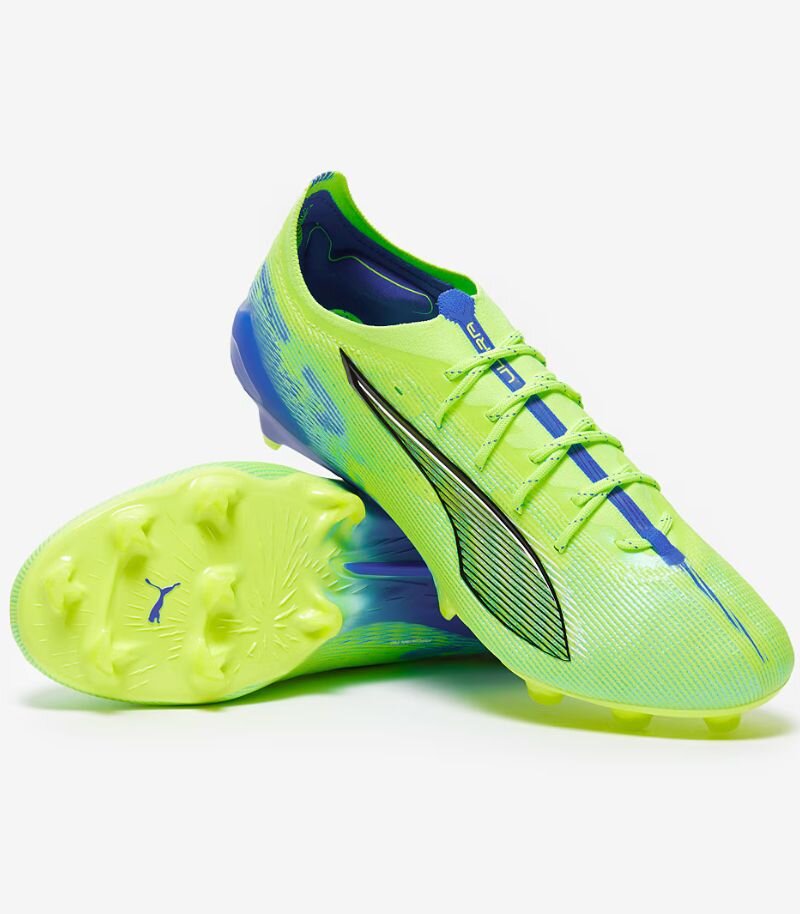 puma ultra 5 ultimate boots in neon yellow and blue